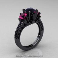 French 14K Black Gold Three Stone 2.0 Ct Black Diamond Pink Sapphire Solitaire Wedding Ring R421-14KBG2PSBD
