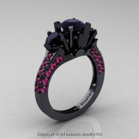 French 14K Black Gold Three Stone 2.0 Ct Black Diamond Pink Sapphire Solitaire Wedding Ring R421-14KBGPSBD