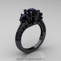 French 14K Black Gold Three Stone 2.0 Ct Black Diamond Solitaire Wedding Ring R421-14KBGBD