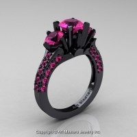 French 14K Black Gold Three Stone 2.0 Ct Pink Sapphire Solitaire Wedding Ring R421-14KBGPS