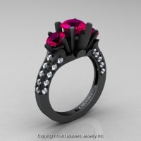 French 14K Matte Black Gold Three Stone 2.0 Ct Rose Ruby Diamond Solitaire Wedding Ring R421-14KMBGDRR
