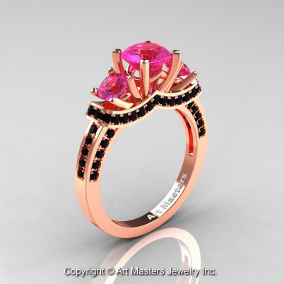 Exclusive-French-14K-Rose-Gold-Three-Stone-Pink-Sapphire-Black-Diamond-Engagement-Ring-Wedding-Ring-R182-14KRGBDPS-P-402×402