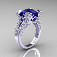 French Vintage 14K White Gold 3.0 CT Blue Sapphire Diamond Pisces Wedding Ring Engagement Ring Y228-14KWGDBS