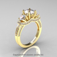 French 14K Yellow Gold Three Stone Cubic Zirconia Diamond Engagement Ring Wedding Ring R182-14KYGDCZ