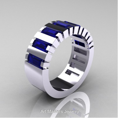 Mens-Modern-14K-White-Gold-Blue-Sapphire-Baguette-Cluster-Wedding-Band-R395-14KWGBS-P-402×402