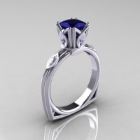Modern Antique 14K White Gold 1.20 CT Princess Marquise Blue and White Sapphire Solitaire Ring R219-14KWGBSWS
