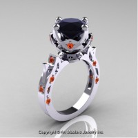 Modern Antique 14K White Gold 3.0 Ct Black Diamond Orange Sapphire Solitaire Wedding Ring R214-14KWGOSBD