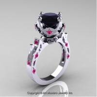 Modern Antique 14K White Gold 3.0 Ct Black Diamond Pink Sapphire Solitaire Wedding Ring R214-14KWGPSBD