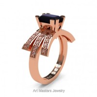 Victorian Inspired 14K Rose Gold 1.0 Ct Emerald Cut Black and White Diamond Wedding Ring Engagement Ring R344-14KRGDBD