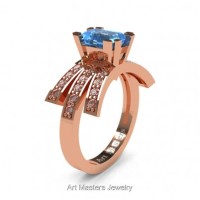 Victorian Inspired 14K Rose Gold 1.0 Ct Emerald Cut Blue Topaz Diamond Wedding Ring Engagement Ring R344-14KRGDBT