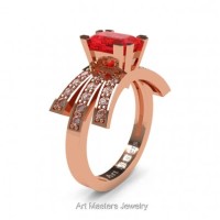 Victorian Inspired 14K Rose Gold 1.0 Ct Emerald Cut Ruby Diamond Wedding Ring Engagement Ring R344-14KRGDR