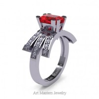 Victorian Inspired 14K White Gold 1.0 Ct Emerald Cut Ruby Diamond Wedding Ring Engagement Ring R344-14KWGDR