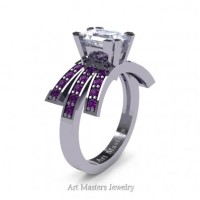 Victorian Inspired 14K White Gold 1.0 Ct Emerald Cut White Sapphire Amethyst Wedding Ring Engagement Ring R344-14KWGAMWS
