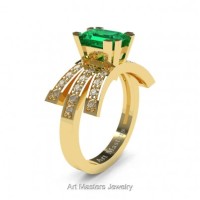 Victorian Inspired 14K Yellow Gold 1.0 Ct Emerald Cut Emerald Diamond Wedding Ring Engagement Ring R344-14KYGDEM