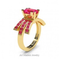 Victorian Inspired 14K Yellow Gold 1.0 Ct Emerald Cut Pink Sapphire Wedding Ring Engagement Ring R344-14KYGPS