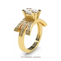 Victorian Inspired 14K Yellow Gold 1.0 Ct Emerald Cut White Sapphire Diamond Wedding Ring Engagement Ring R344-14KYGDWS