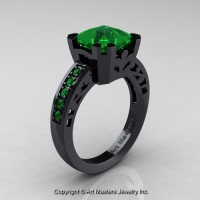 Modern Art Deco 14K Black Gold 3.0 Ct Royal Emerald Cut Rich Green Emerald Accent Solitaire Ring R680-14KBGEM