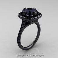 Modern French 14K Black Gold 3.0 Ct Royal Emerald Cut Black Diamond Single Halo Engagement Ring R288-14KBGBD
