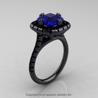 Modern French 14K Black Gold 3.0 Ct Royal Emerald Cut Blue Sapphire Black Diamond Single Halo Engagement Ring R288-14KBGBDBS