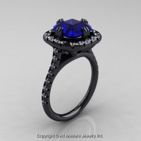 Modern French 14K Black Gold 3.0 Ct Royal Emerald Cut Blue Sapphire Diamond Single Halo Engagement Ring R288-14KBGDBS