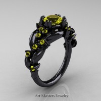 Nature Inspired 14K Black Gold 1.0 Ct Yellow Sapphire Leaf and Vine Engagement Ring R340-14KBGYS