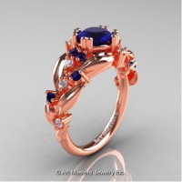 Nature Inspired 14K Rose Gold 1.0 Ct Blue Sapphire Diamond Leaf and Vine Engagement Ring R340-14KRGDBS