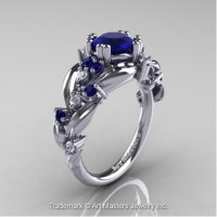 Nature Inspired 14K White Gold 1.0 Ct Blue Sapphire Diamond Leaf and Vine Engagement Ring R340-14KWGDBS