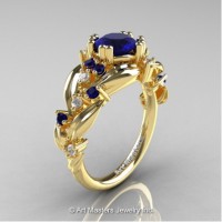 Nature Inspired 14K Yellow Gold 1.0 Ct Blue Sapphire Diamond Leaf and Vine Engagement Ring R340-14KYGDBS