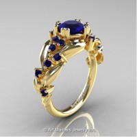 Nature Inspired 14K Yellow Gold 1.0 Ct Blue Sapphire Leaf and Vine Engagement Ring R340-14KYGBS
