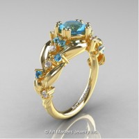 Nature Inspired 14K Yellow Gold 1.0 Ct Blue Topaz Diamond Leaf and Vine Engagement Ring R340-14KYGDBT