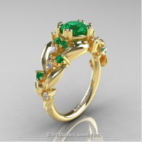Nature Inspired 14K Yellow Gold 1.0 Ct Emerald Diamond Leaf and Vine Engagement Ring R340-14KYGDEM