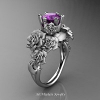 Nature Inspired 14K White Gold 1.0 Ct Amethyst Rose Bouquet Leaf and Vine Engagement Ring R427-14KWGAM