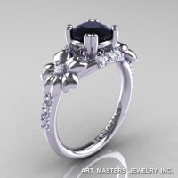 Nature Inspired 14K White Gold 1.0 Ct Black White Diamond Leaf Vine Ring R245-14KWGDBD