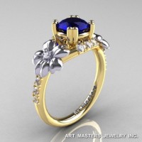 Nature Inspired 14K Two Tone Yellow Gold 1.0 Ct Blue Sapphire Diamond Leaf Vine Ring R245-14KTTYWGDBS