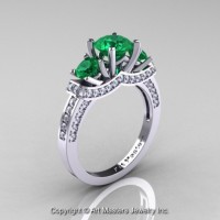 French 14K White Gold Three Stone Emerald Diamond Engagement Ring Wedding Ring R182-14KWGDEM