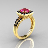 Renaissance Classic 14K Yellow Gold 1.0 Carat Round Pink Sapphire Black Diamond Engagement Ring R220-14KYGBDPS