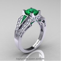 Classic Edwardian 14K White Gold 1.0 Ct Emerald Diamond Engagement Ring R285-14KWGDEM