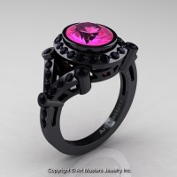 Victorian 14K Black Gold 1.75 Ct Oval Pink Sapphire Black Diamond Engagement Ring Wedding Ring R358-14KBGBDPS