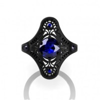 Mexican Art Deco 14K Black Gold 1.0 Ct Blue Sapphire Engagement Ring Wedding Ring R351-14KBGBS