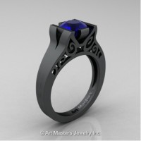 Modern Art Deco 14K Matte Black Gold 1.0 Ct Blue Sapphire Engagement Ring R36N-14KMBGBS
