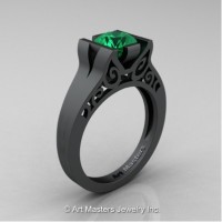 Modern Art Deco 14K Matte Black Gold 1.0 Ct Emerald Engagement Ring R36N-14KMBGEM