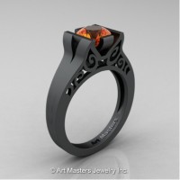 Modern Art Deco 14K Matte Black Gold 1.0 Ct Orange Sapphire Engagement Ring R36N-14KMBGOS