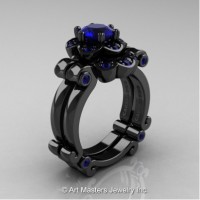 Caravaggio 14K Black Gold 1.0 Ct Blue Sapphire Engagement Ring Wedding Band Set R606S-14KBGBS