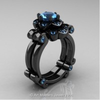 Caravaggio 14K Black Gold 1.0 Ct Blue Topaz Engagement Ring Wedding Band Set R606S-14KBGBT