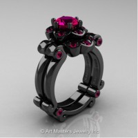 Caravaggio 14K Black Gold 1.0 Ct Rose Ruby Engagement Ring Wedding Band Set R606S-14KBGRR