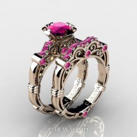 Art Masters Caravaggio 14K Rose Gold 1.0 Ct Pink Sapphire Engagement Ring Wedding Band Set R623S-14KRGPS