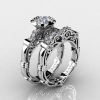 Art Masters Caravaggio 14K White Gold 1.0 Ct White Sapphire Diamond Engagement Ring Wedding Band Set R623S-14KWGDWS