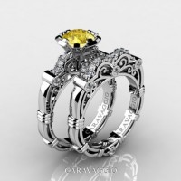 Art Masters Caravaggio 14K White Gold 1.0 Ct Yellow Sapphire Diamond Engagement Ring Wedding Band Set R623S-14KWGDYS
