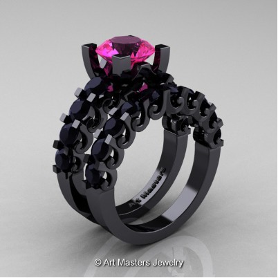 Art-Masters-Modern-Vintage-14K-Black-Gold-3-Ct-Pink-Sapphire-Black-Diamond-Wedding-Ring-Set-R142S-14KBGBDPS-P-402×402