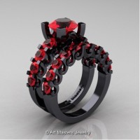 Modern Vintage 14K Black Gold 3.0 Carat Ruby Designer Wedding Ring Bridal Set R142S-14KBGR